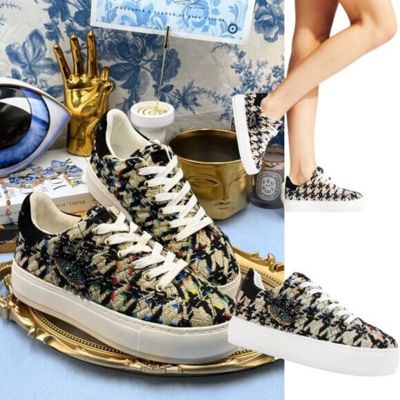 🆕 KURT GEIGER LONDON 🧿 NWOB Laney Eye Gold Rainbow Tweed Sneaker, Sz 37 US 7 - Picture 1 of 14